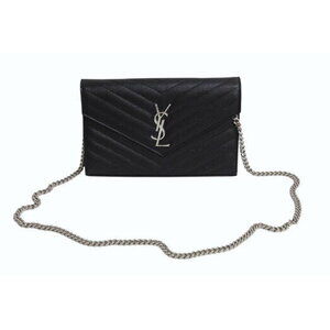SAINT LAURENT Quilted Chain Shoulder Bag Black Leather